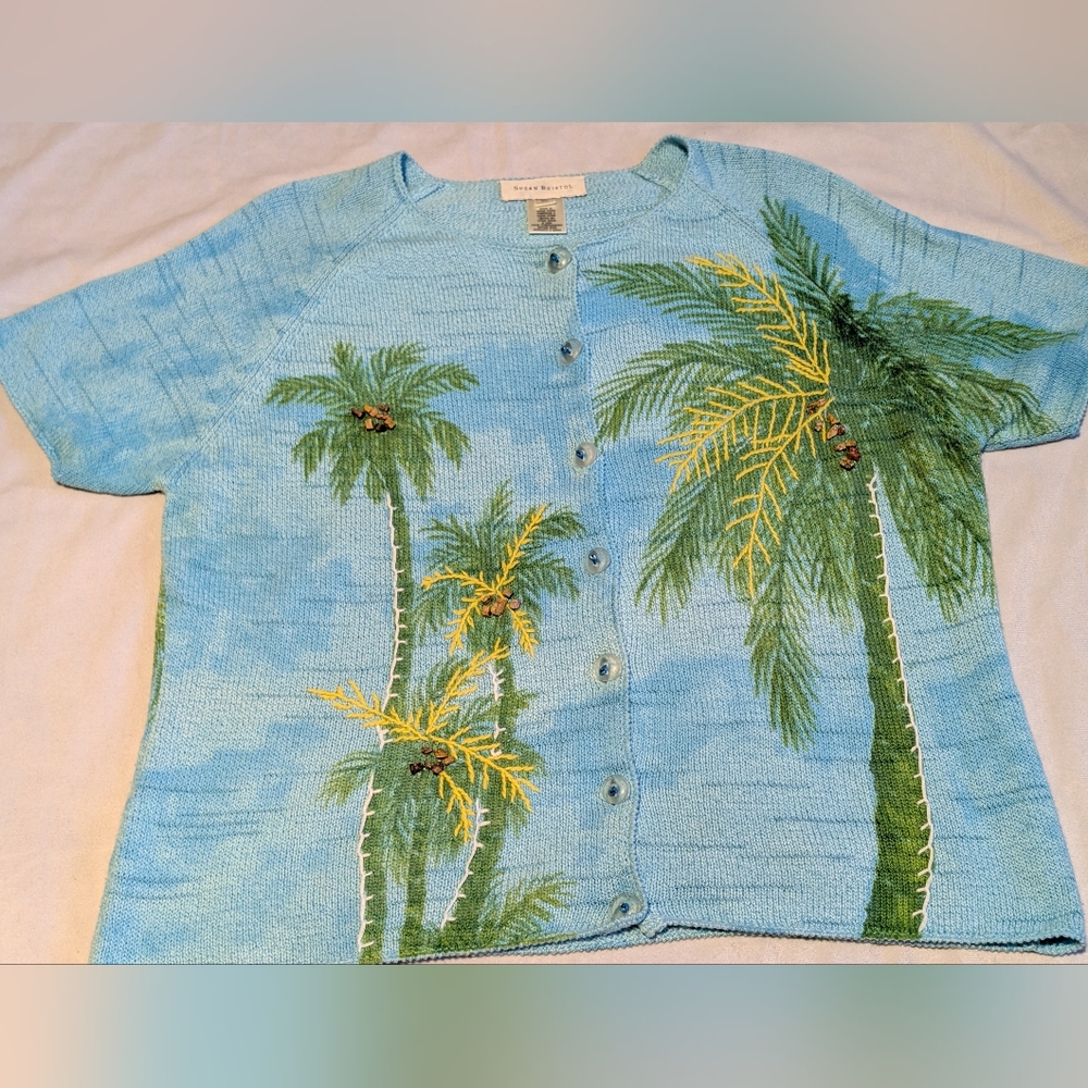 Susan Bristol Novelty Beach Button Sweater Palm Tree Embroidery Sz XL Resortwear